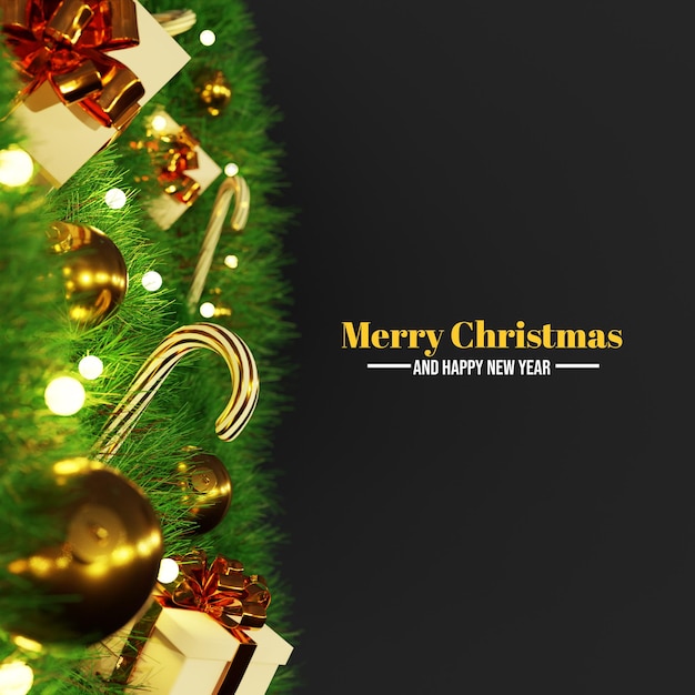 3d merry christmas background banner with tree and giftbox