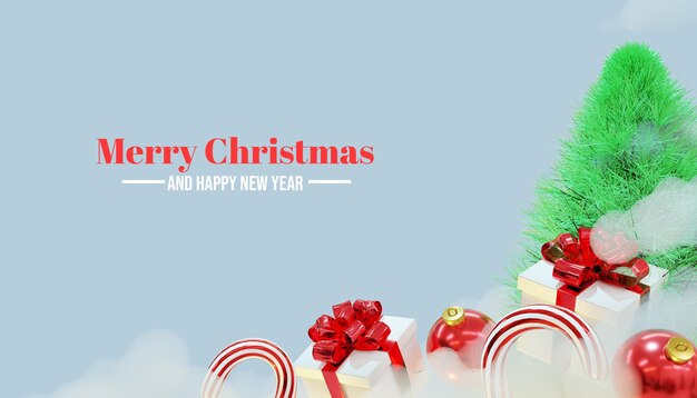 3d merry christmas background with giftbox tree and cloud