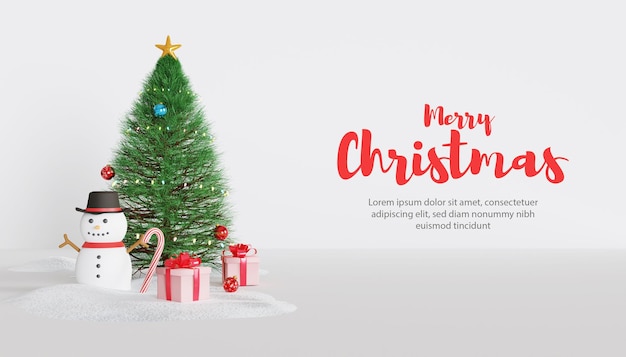 3d merry christmas background with pine tree and snowman