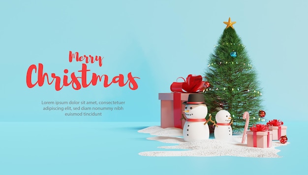 3d merry christmas background with pine tree and snowman