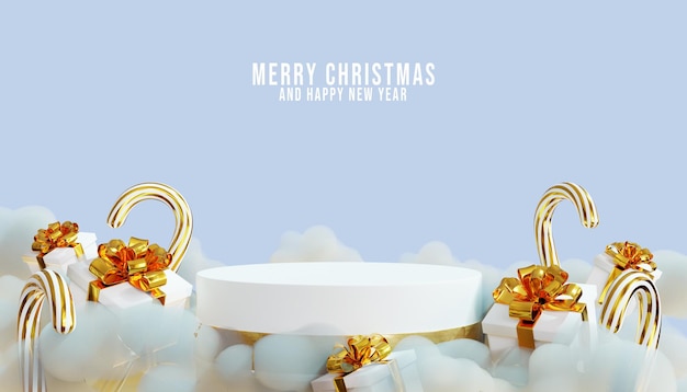 PSD 3d merry christmas podium with giftbox and clouds