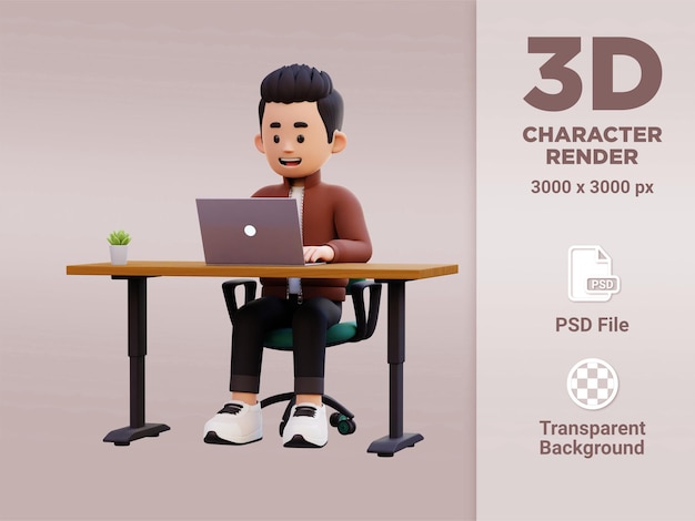 3d Męski Charakter Pracuje Na Laptopie