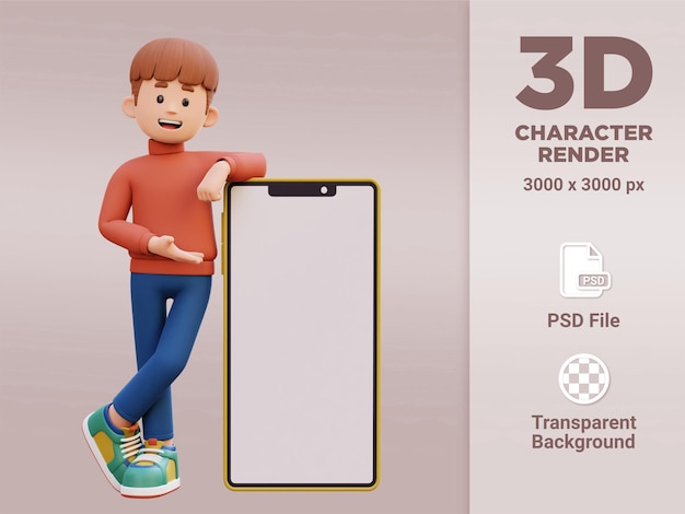 3d męski charakter układający i prezentujący na dużym smartfonie z pustym ekranem