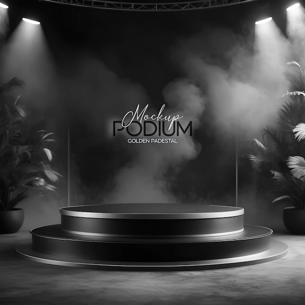 PSD 3d metal black round display podium on theater stage with dark tree tub decor cinematic background