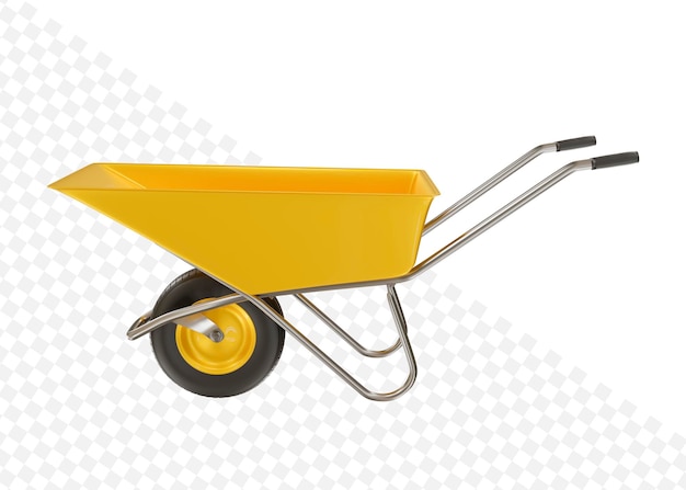 3d metal yellow garden wheelbarrow on white isolated background Realistic farming cart 3d rendering
