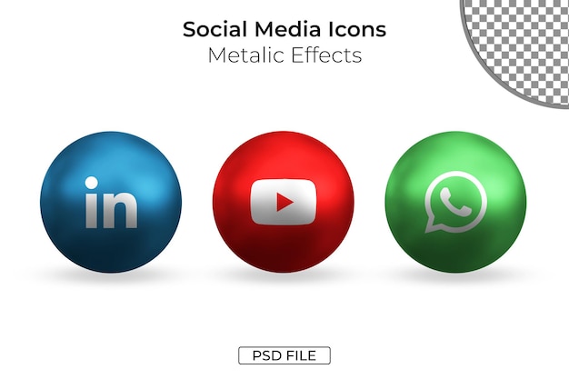 PSD icone dei social media con effetti metallici 3d