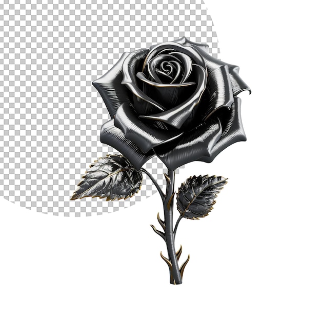 PSD 3d metallic black rose with leaves on transparent background