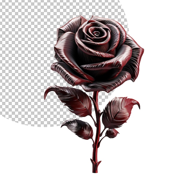 PSD 3d metallic dark rose with leaves on transparent background