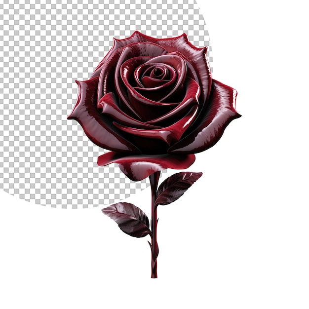 PSD 3d metallic red rose met bladeren op een doorzichtige achtergrond