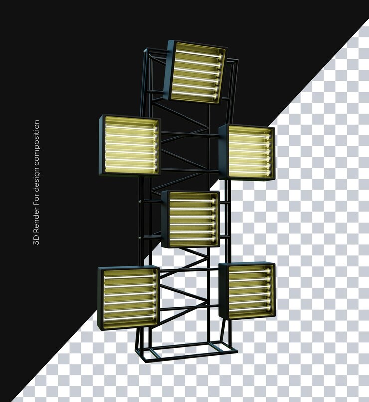 PSD 3d metallic tower with illuminated squares for event flyer design