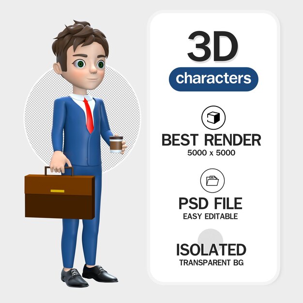 3d Mężczyzna Postać Z Kreskówki Biznesmen W Garniturze Renderuje Na Białym Tle Pewny Siebie Biznesmen Z Kawą