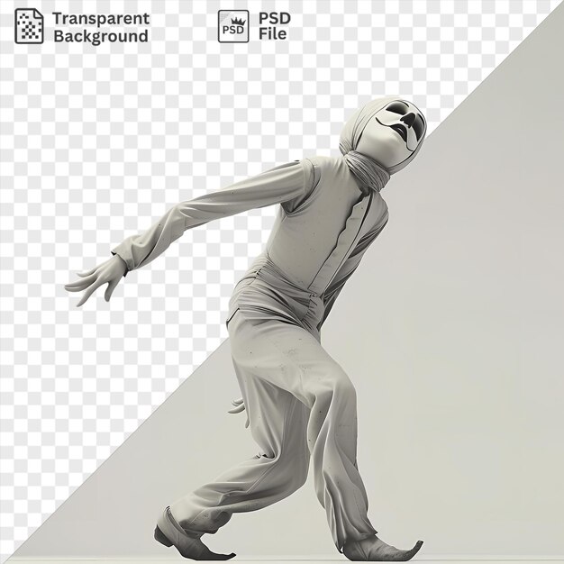 PSD 3d mime performing on a street corner with a raised hand and extended arm wearing white pants and black shoes and a white head visible in the background