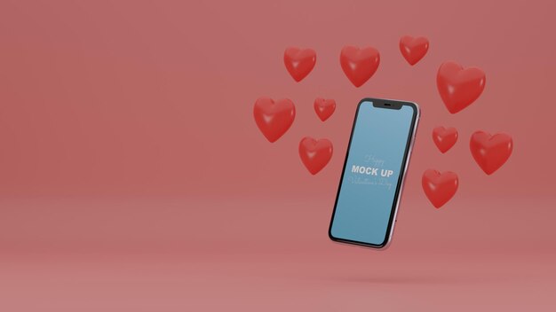 3d minimale valentine-scène met modelsmartphone en romantische harten