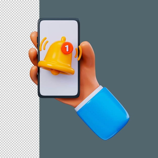 3D mobiele kennisgeving in de hand Gele klok icoon met rood nummer 1 op smartphone in de hand