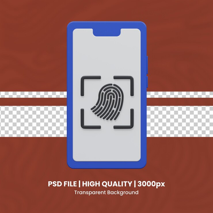 PSD 3d mobile fingerprint cyber security 3d set transparent background psd