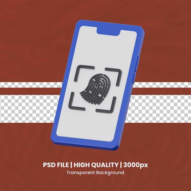 PSD 3d mobile fingerprint cyber security 3d set transparent background psd