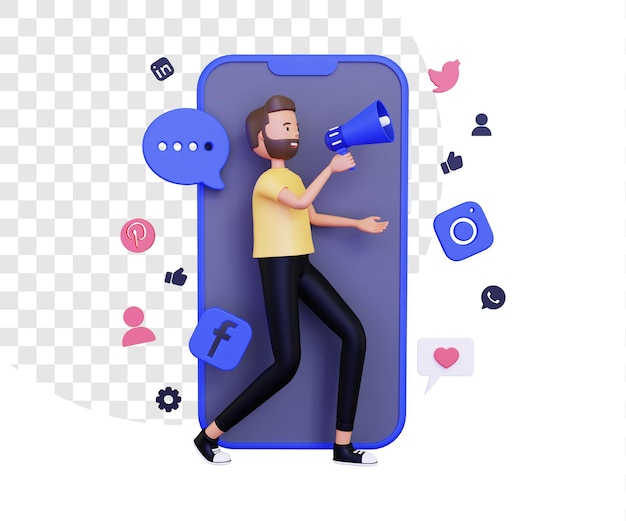 PSD marketing mobile 3d con un personaggio maschile che tiene in mano un altoparlante megafono e icone dei social media