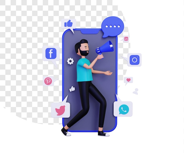 PSD marketing mobile 3d con un personaggio maschile che tiene in mano un altoparlante megafono e icone dei social media