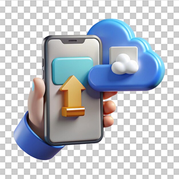 3d mobile phone in hand downloading data to cloud computing concept