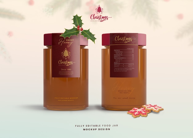 PSD mockup 3d per marmellata di vasetti di miele in vetro edizione speciale di natale