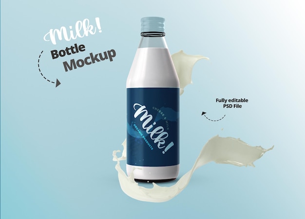 Mockup 3d per bottiglia di latte con splash per agenzia pubblicitaria