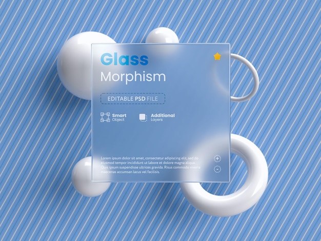 3D mockup presentation glass morphism style with white geometric and frosted glass shapes.