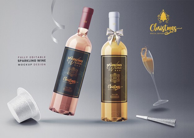 PSD 3d mockup sparkling wine or champagne for new year