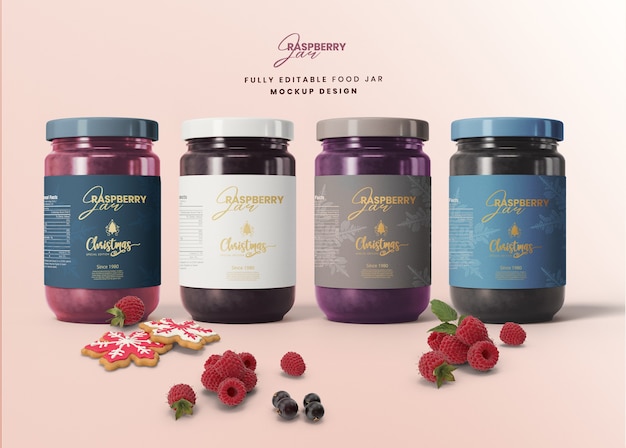 3D-mockup voor glazen frambozenpot met speciale editie van Kerstmis