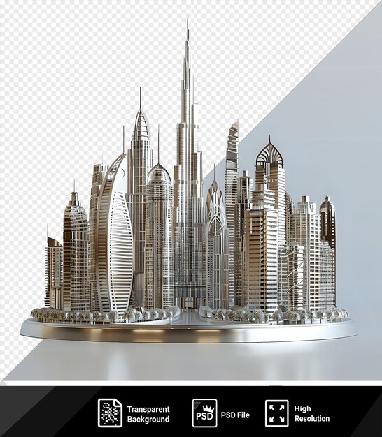 PSD 3d model dubai marina z wysokiem drapaczem chmur i elegancką srebrną podstawą