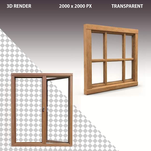 3d model of isolated realistic wooden window frame on transparent background