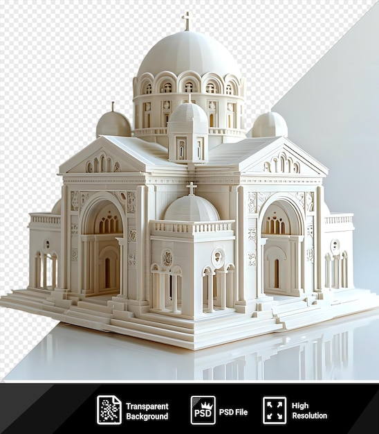 PSD 3d model kościoła hagia irene z białym budynkiem z kopułą i białym krzyżem na białym niebie