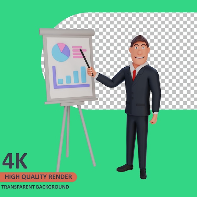 Personaggio dei cartoni animati dell'uomo d'affari di rendering del modello 3d che spiega il diagramma dell'azienda