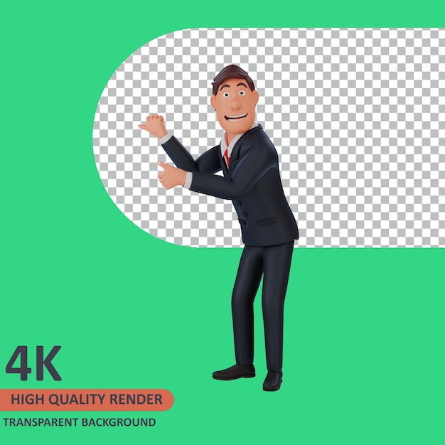 3d model rendering businessman cartoon character is showing something
