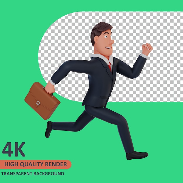 PSD バッグを持って走っているビジネスマンの漫画のキャラクターをレンダリングする3dモデル
