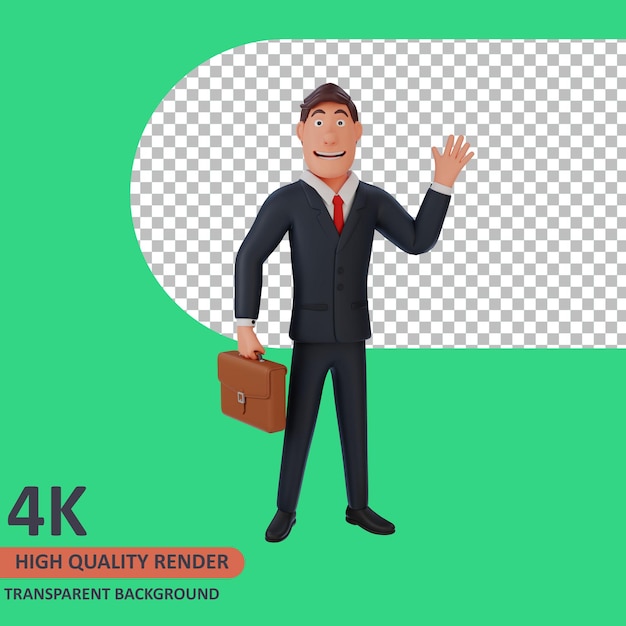 Personaggio dei cartoni animati di uomo d'affari di rendering modello 3d in piedi con una borsa