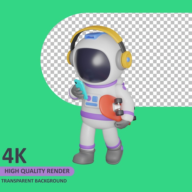 3d model rendering child astronaut holding a cellphone and carrying a skateboard