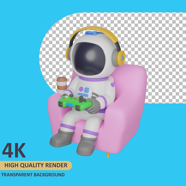 3d model rendering child astronaut sitting on the couch playing a game