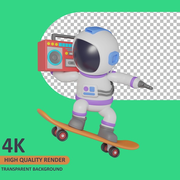 Modello 3d che rende l'astronauta del bambino che fa skateboard e trasporta boombox