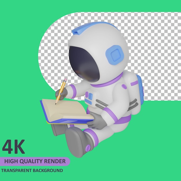 3D-model rendering kind astronaut schrijven in een notitieboekje zittend