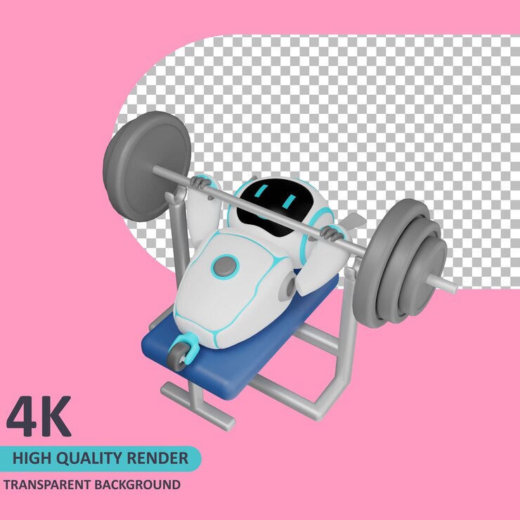 PSD ウェイトベンチでウェイトリフティングを行う3dモデルレンダリングロボット