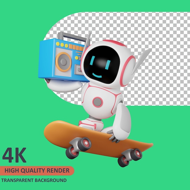 PSD 3d model rendering the robot is skateboarding and carrying a boombox