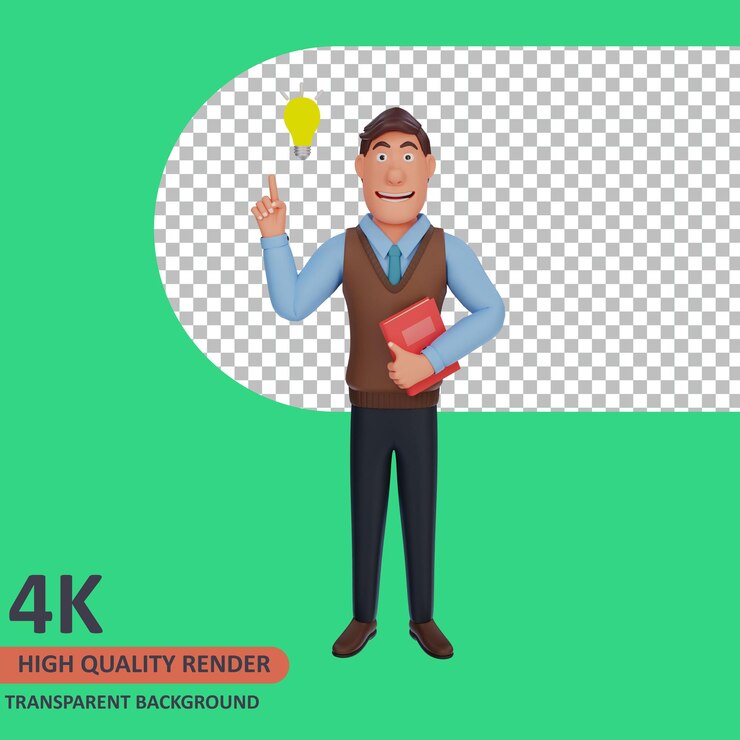 PSD 3d model rendering teacher man cartoon character have found an idea