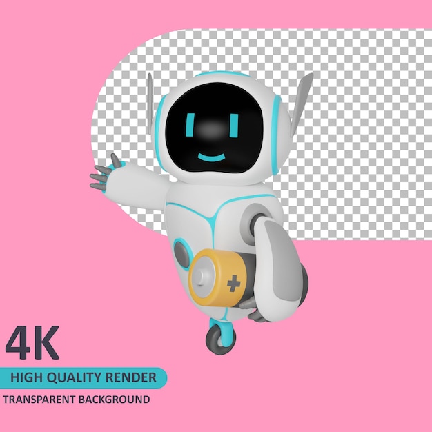 3d model rendering the robot is carrying a battery in its left hand