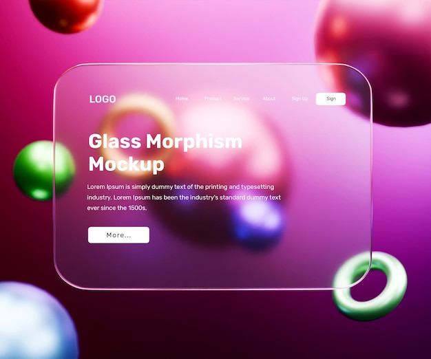 3d model strony docelowej z efektem szklanego morfizmu lub 3d model prezentacji interfejsu internetowego