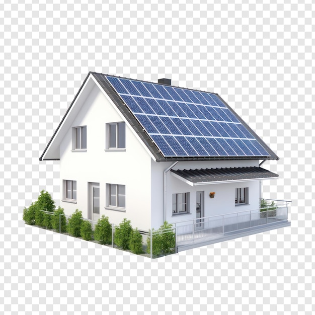 PSD 3d-model van een gezinshuis met zonnepanelen op een doorzichtige achtergrond