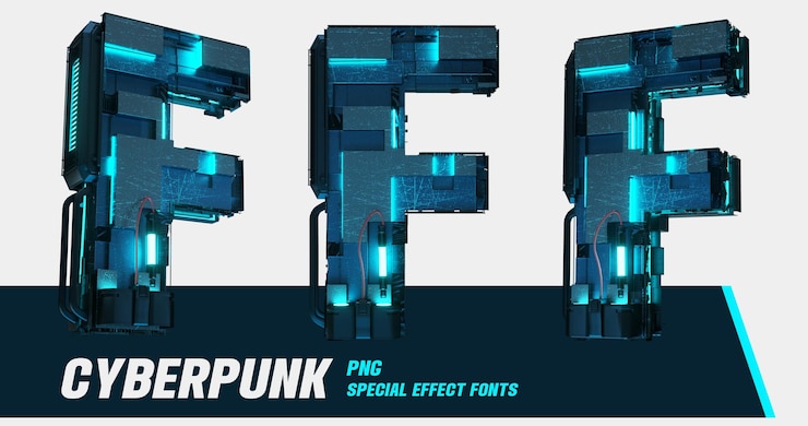 PSD 3d modelling cyberpunk style series multiview digital letter f