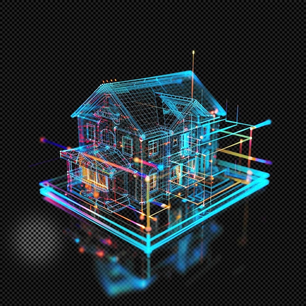 PSD 3d modern house holographic light effect transparent background