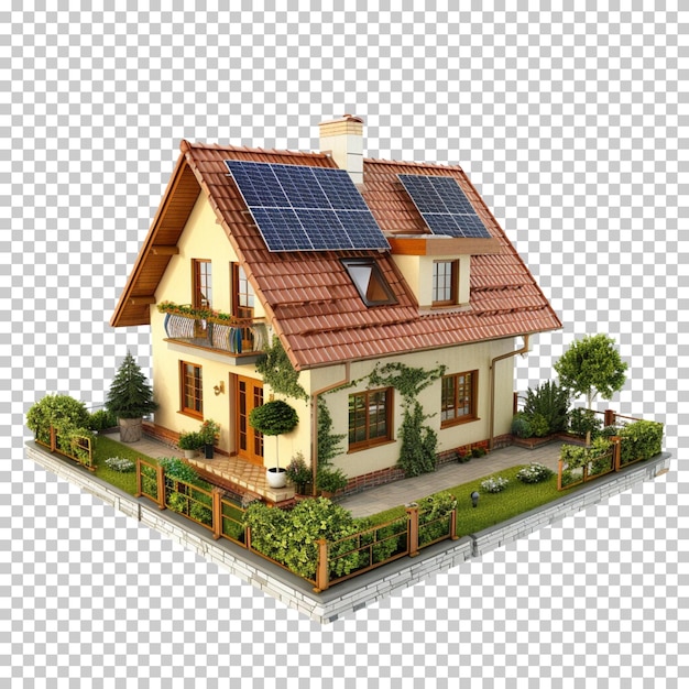 PSD 태양 전지 패널과 함께 3d 현대 집 검은색과 색 지붕 패널은 투명한 배경에 고립되어 있습니다.