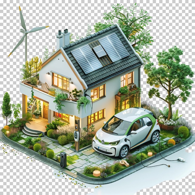 PSD 3d modern house with solar panels black and white roof panels isolated on transparent background