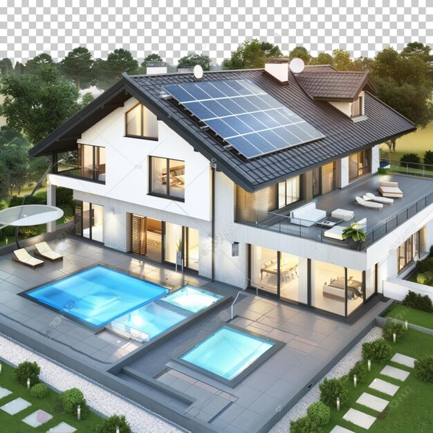 PSD 3d modern house with solar panels black and white roof panels isolated on transparent background